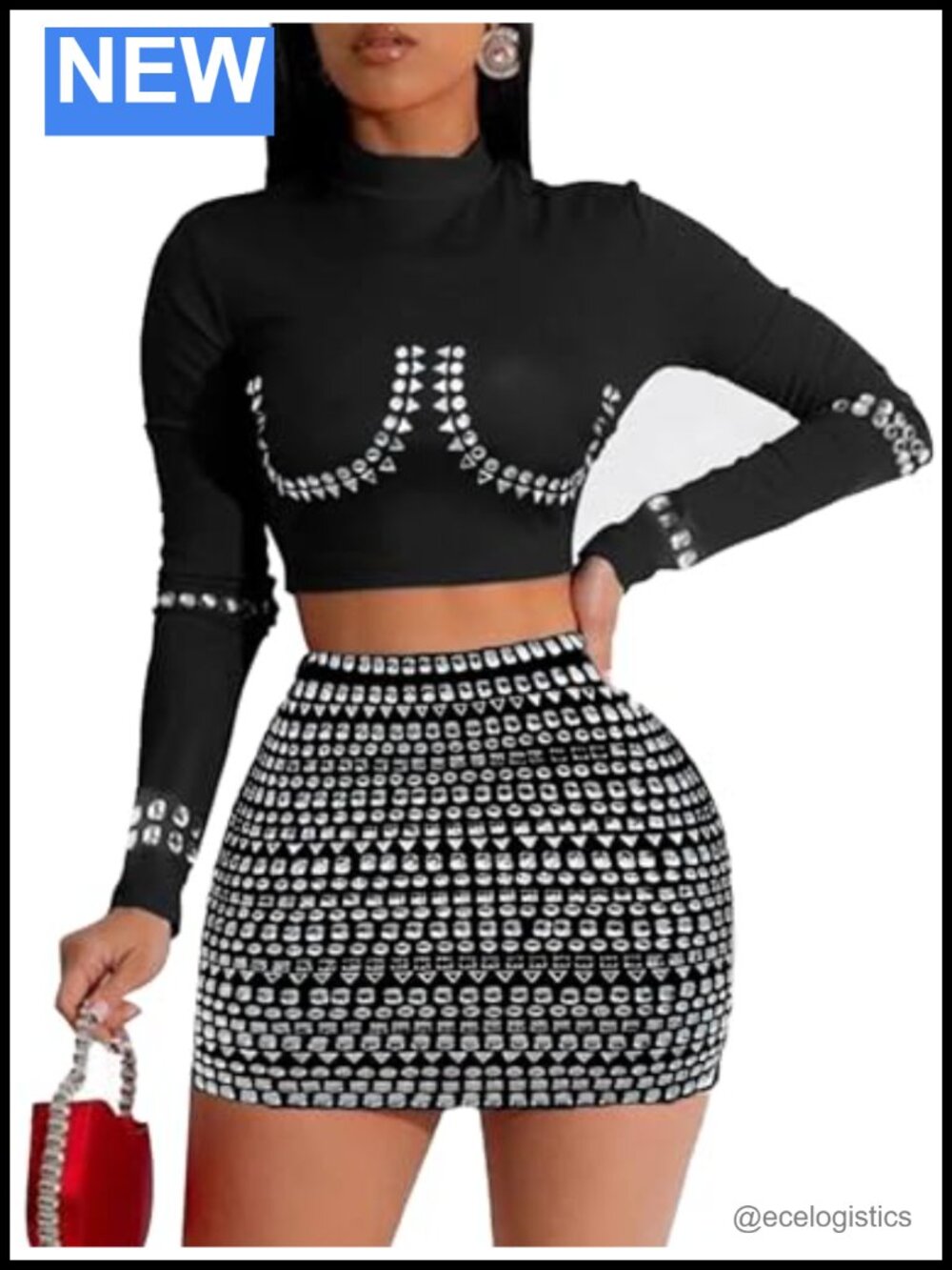 Women's 2 Piece Rhinestone Sparkly Long Sleeve Top & Mini Skirt Set Bodycon